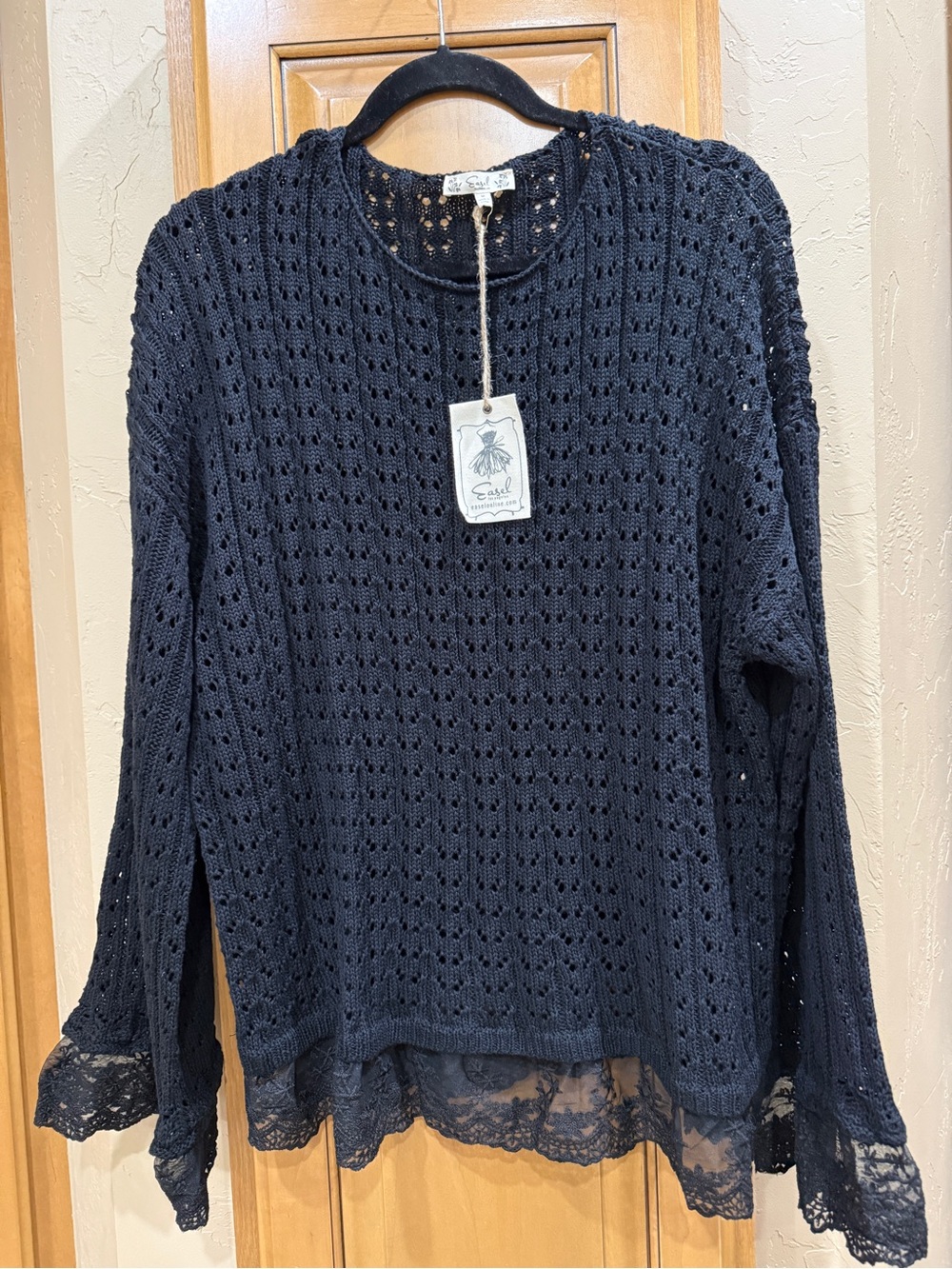 easel Black Open-Knit Crewneck Sweater with Lace Hem